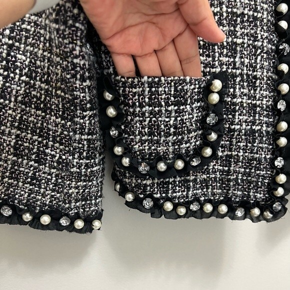 Maje Tweed Blazer Cropped Embellished Faux Pearls and Rhinestones XS - Picture 7 of 11